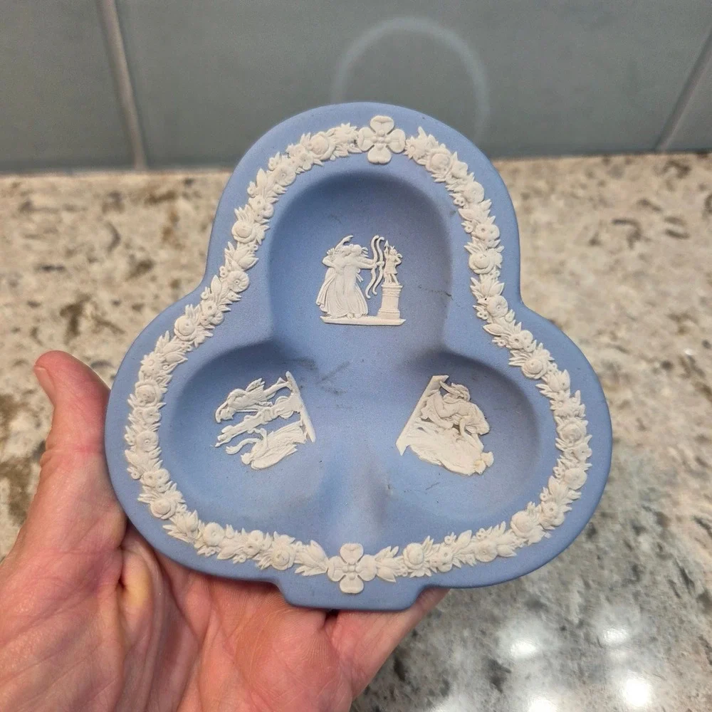 Wedgwood Jasperware Blue Trinket Dish Club Shape Neoclassical Bas Relief Vintage